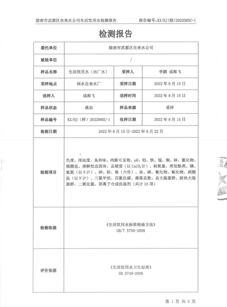 2022年8月25日武都城區(qū)飲用水檢測報(bào)告