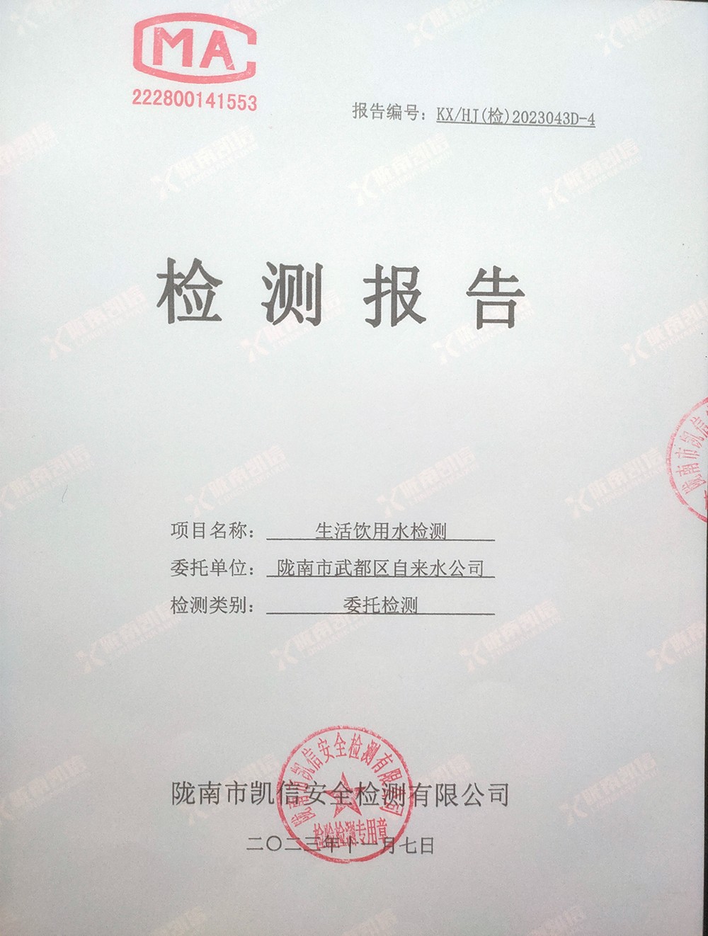 2023年11月7日武都城區(qū)飲用水檢測報告