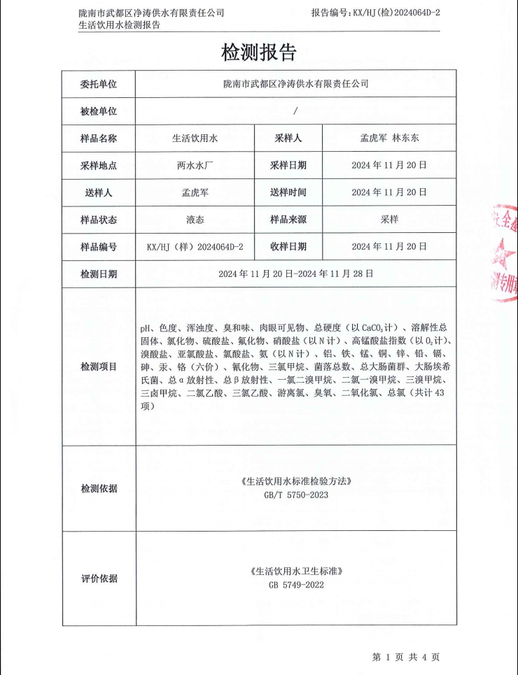 2024年12月4日武都城區(qū)飲用水檢測(cè)報(bào)告